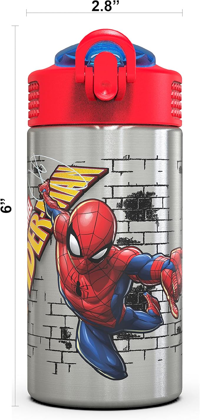 Zak Designs Stainless Steel One Hand Operation Lid and Built-in Carrying Loop Water Bottle with Straw Spout is Perfect for Kids (15.5 oz, BPA Free), 1 Count (Pack of 1), Marvel Comics Spider-Man