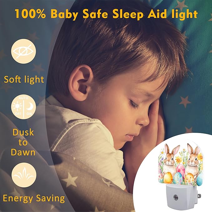 Easter Bunnies and Eggs Night Light for Kids,Cute Easter Rabbit and Flowers Plug in Night Light with Dusk to Dawn Sensor, 0.5w Energy Saving Nightlight for Hallway Stairway Kitchen Bedroom