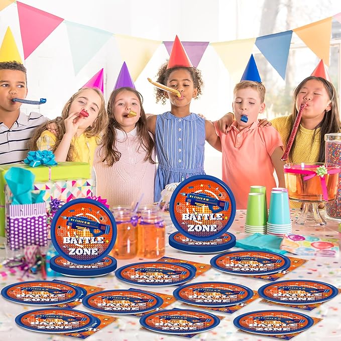48Pcs Dart War Paper Plates and Napkins Dart War Party Decorations Blue and Orange Birthday Party Supplies Battle Video Game Disposable Tableware Set for Kids Boys' Birthday Baby Shower Serves 24