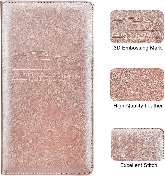 LumiMokki Premium Car Registration & Insurance Card Holder with Magnetic Shut, Vehicle Glove Box Car Organizer - For Documents, Cards, License (Rose gold)