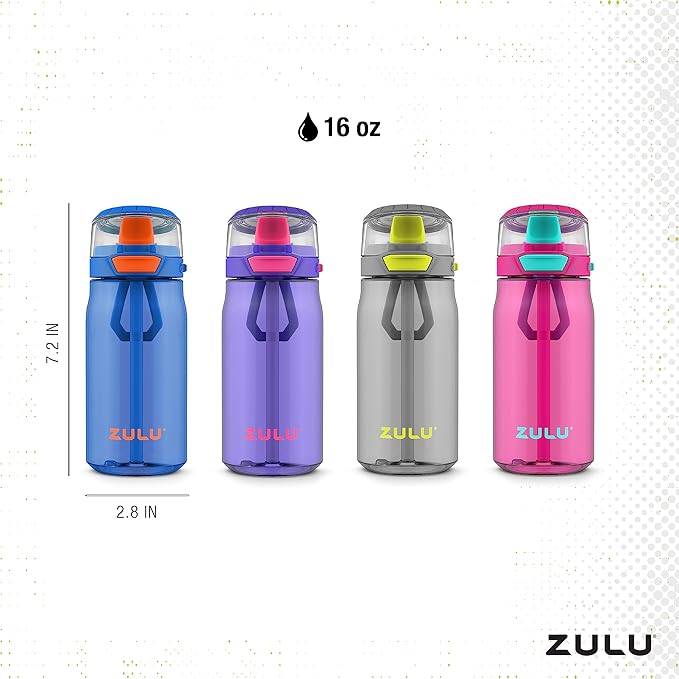 Zulu Kids Flex 16oz Tritan Plastic Water Bottle with Silicone Spout, Leak-Proof Locking Flip Lid and Soft Touch Carry Loop for School Backpack, Lunchbox, and Outdoor Sports, Gray