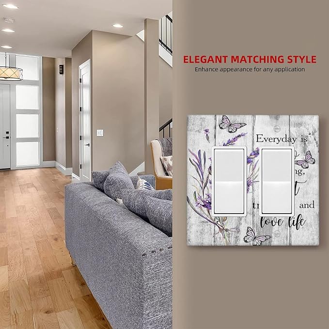 Outlet Covers Purple Lavender Flower Butterfly on Wood Plank 2 Gang Wall Plate Double Rocker Light Switch Cover Inspirational quotation Floral Decorative GFCI Receptacle Cover Electrical Switchplate