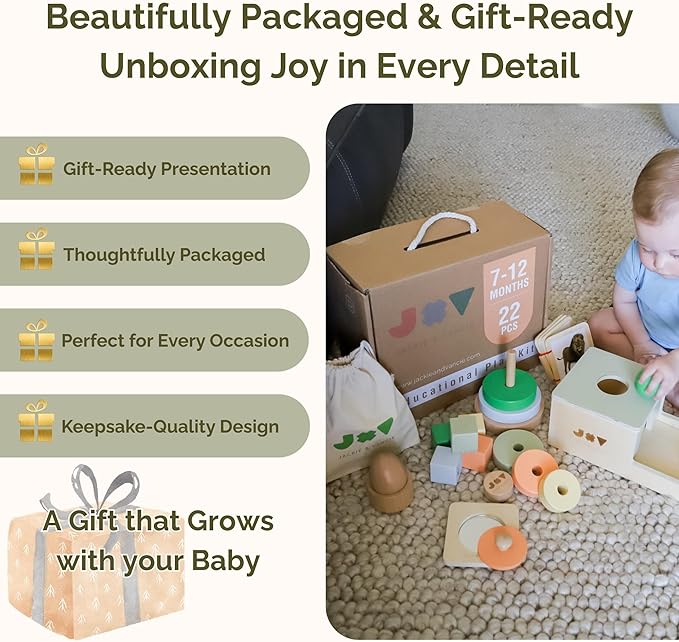 Jackie & Vancie Montessori Toy Set for Babies 7-12 Months Play Kit 6-in-1 Wooden Learning Toys with Object Permanence Box, Ring Stacker, Egg & Cup, Multipurpose Blocks and Mirror Puzzle