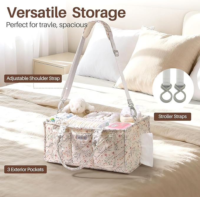 Baby Essentials Cute Floral Diaper Caddy Organizer – Portable Storage Basket with Shoulder Strap & Stroller Hooks, Splashproof Quilted Nursery & Car Tote for Baby Shower, Beige Floral