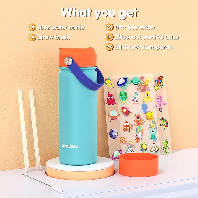 Kids Water Bottle, 18oz Toddler Insulated Bottles with Stickers, 18/8 Stainless Steel Leak-Proof Kids Straw Cup for School, Gifts for Boy(OrangeBlue)