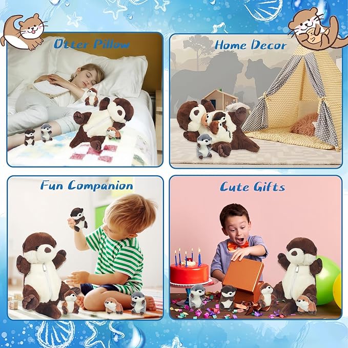 5 Pcs Sea Otter Stuffed Animal Plush Otter Set Large Mommy Stuffed Otter Plush Toy with 4 Babies in Zipper Pouch, Soft Cuddly Otter Plushies Pillow for Kids Boys Girls Birthday Christmas Plush Gifts