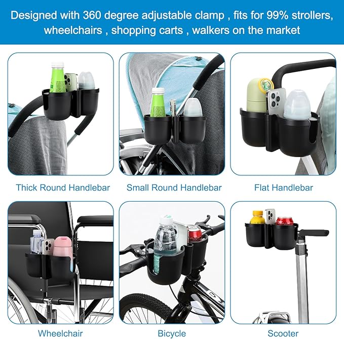 Accmor Stroller Cup Holder with Phone Holder, Bike Cup Holder, Universal Cup Holder for Uppababy Nuna Doona Strollers, 2-in-1 Cup Phone Holder for Stroller Bike Accessory
