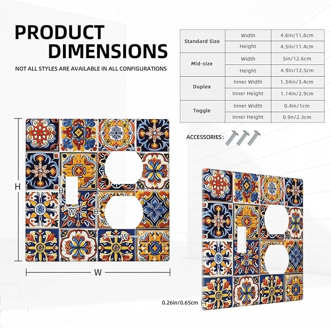 Mexican Talavera Tiles Flower Vintage Wallplates 1 Toggle 1 Duplex Switch Plate Electrical GFCI Faceplate Decorative Light Switch Covers for Kitchen Bathroom Decor