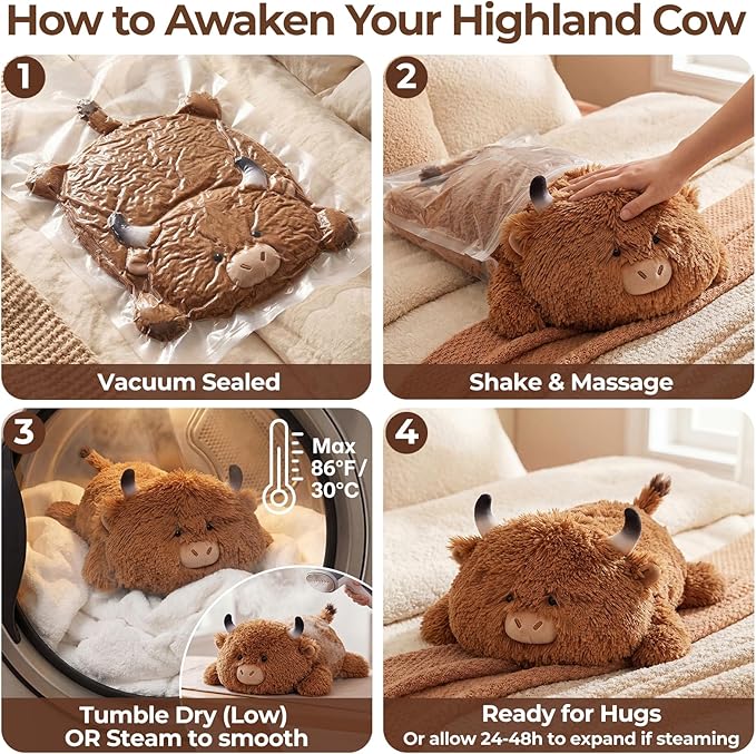 Mewaii Cute Highland Cow Plush Pillow, Kawaii Plushies Highland Cow Stuffed Animals, Squishy Plushies, Cuddle Plush Pillow for Kids & Girls (13 Inch)