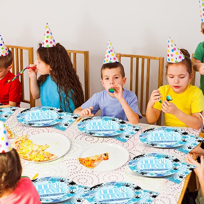 CHUNNIN 50Pcs Hi Five Birthday Plates and Napkins 5th Bday Party Decorations Blue High 5 Year Old Paper Dessert Cake Plates Tableware Set Serve 25 Guests for Kids Boys Girls Birthday Party Supplies