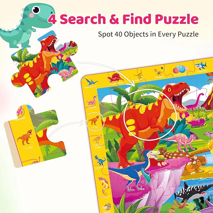 Puzzles for Kids Ages 4-6, 4 x 60 Piece Search and Find Puzzles for Kids Ages 3-5 Boys Girls, Educational Toys Gifts for 3-8 Year Old, Jungle Dinosaur Ocean City