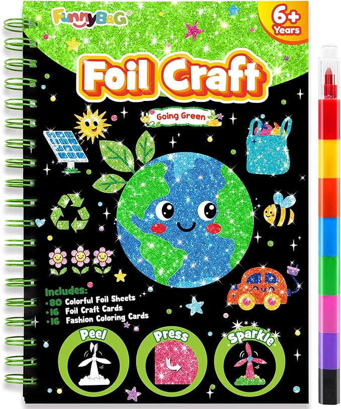 FUNNYB&G Foil Art Crafts for Kids Ages 4-8: Mother's Day 2026, Birthday Gift for Kids, Art and Crafts Supplies, Party Favors, Creative Toys for Kids 4 5 6 7 8 9 Years Old (Going Green)