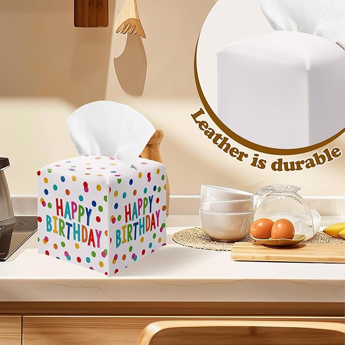 Leather Tissue Box Cover Holder, Watercolor Polka Dots Tissue Box Cover Square with Belt Bottom, Birthday Gifts Idea, Birthday Party Bathroom, Home Office Car Decorations