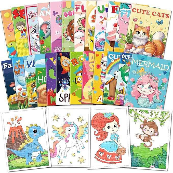 Kalysky 24 Pack Mini Coloring Books for Kids Ages 4-8 (7 * 5.1in), Party Favors Bulk Coloring Books for Toddlers 1-3, 288 Different Illustrations, Birthday Goodie Bags Stuffers for Kids