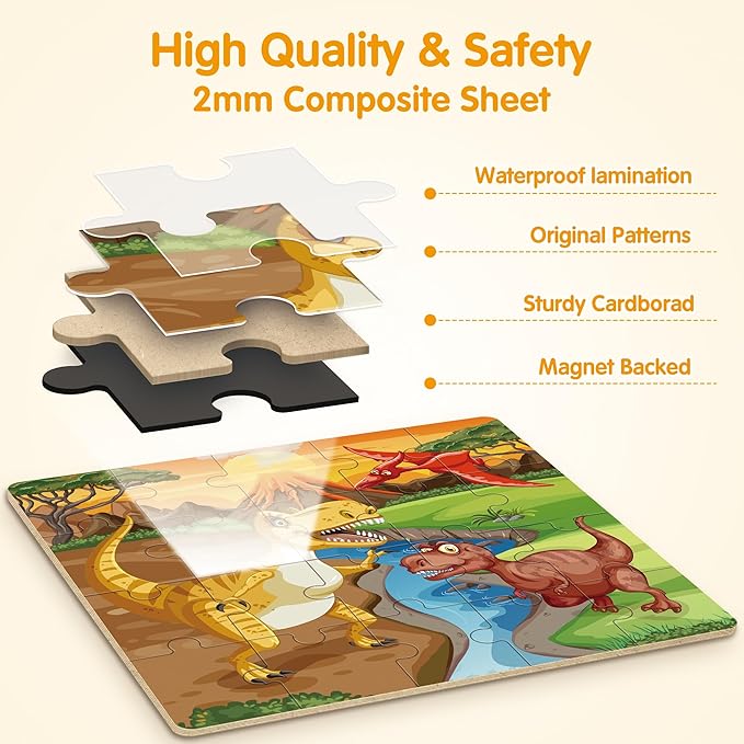 SYNARRY Magnetic Dinosaur Puzzles for Kids Ages 3-5, 20 Pieces Puzzles for Toddlers 4-6, Easter Basket Stuffers Gifts for Kids, Car Airplane Road Trip Activities Magnet Games Toy for Boys Girls