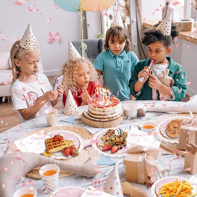 CANREVEL 96 PCS Bow Party Plates Serve 24, Bow Plates and Napkins Forks Set, Disposable Tableware for Birthday Supplies Party Decorations for Grils Kids Women