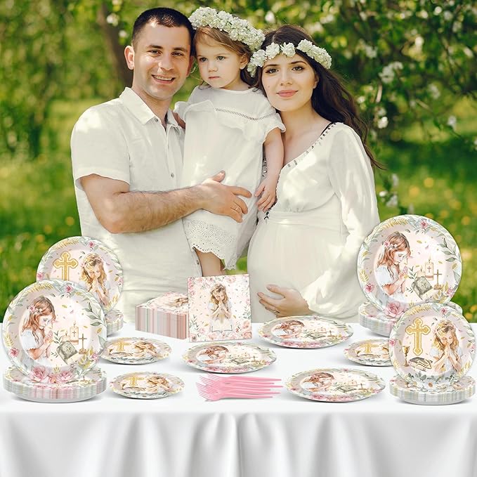 96Pcs First Communion Plates and Napkins for Baptism God Bless Party Supplies Pink Mi Primera Comunion Paper Dessert Plates Tableware Set for Girl 24 Guests Baby Birthday Christening Party Decorations
