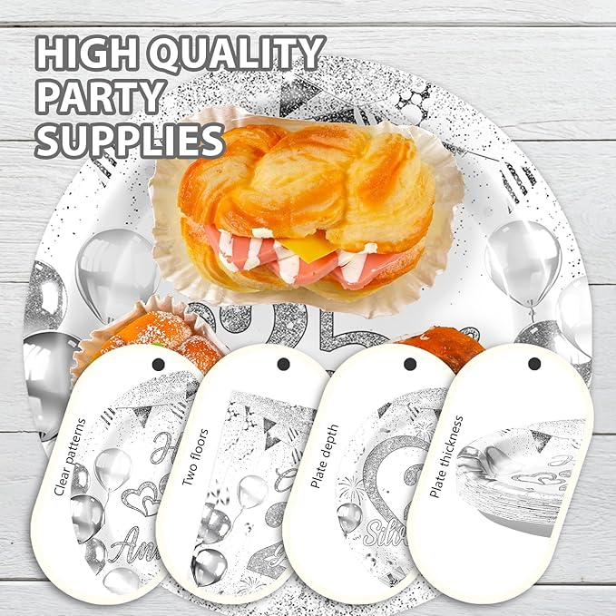 Grencian 96Pcs 25th Wedding Anniversary Decorations Cheer to 25 Years Party Plates and Napkins Silver Glitter Tableware for Couple Husband Wife Silver Wedding Anniversary Decorations Serves 24
