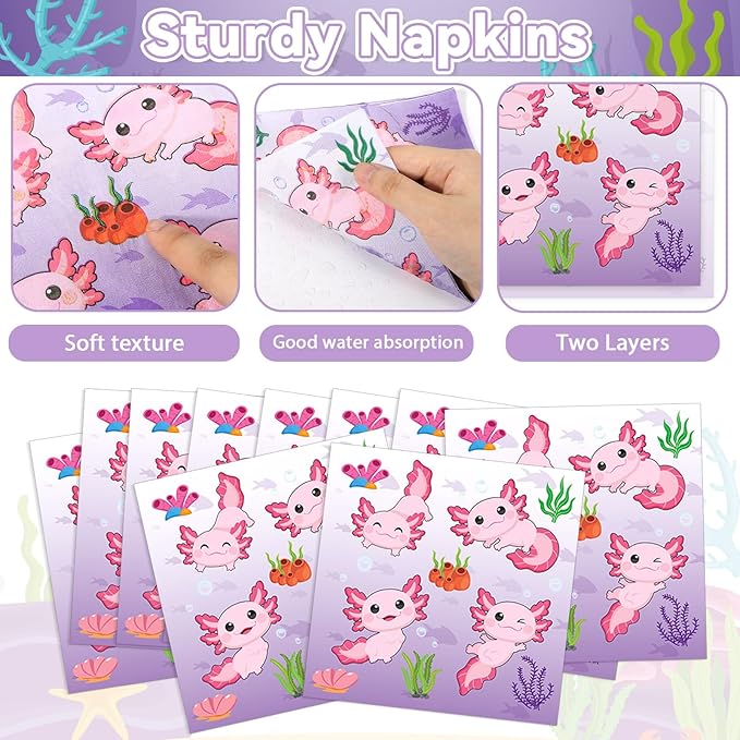 100 Pcs Axolotl Birthday Party Supplies Pink Axolotl Disposable Paper Plates Forks Tableware Sets Cute Cartoon Reptile Animals Happy Birthday Decorations for Kids Girls Baby Shower Serve 25 Guests