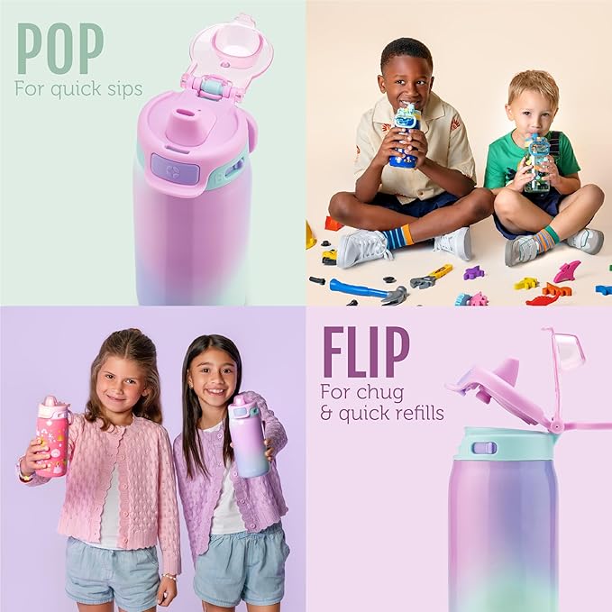 Ello Kids Pop & Fill 12oz Toddler Water Bottle with Quick Fill Lid, Double-Wall Vacuum Insulated Stainless Steel, Leak Proof, BPA Free, Sip & Chug, For School, Lunchboxes, Preppy Cherries