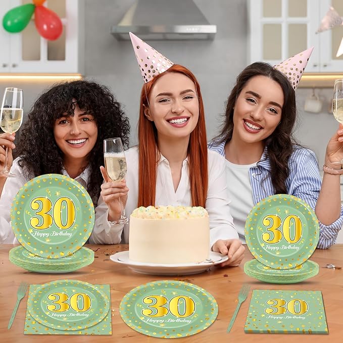 96Pcs Green Gold 30th Birthday Party Plates and Napkins for Women Men Sage Green 30 Year Old Birthday Party Supplies Themed Paper Dessert Plates Tableware Set for 24 Guests Party Decorations