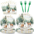 CHUNNIN 96Pcs Christmas Reindeer Paper Plates and Napkins Watercolor Deer Snow Pine Trees Snowflakes Party Decorations Winter Woodland Disposable Tableware for Xmas Holiday Birthday Party Supplies