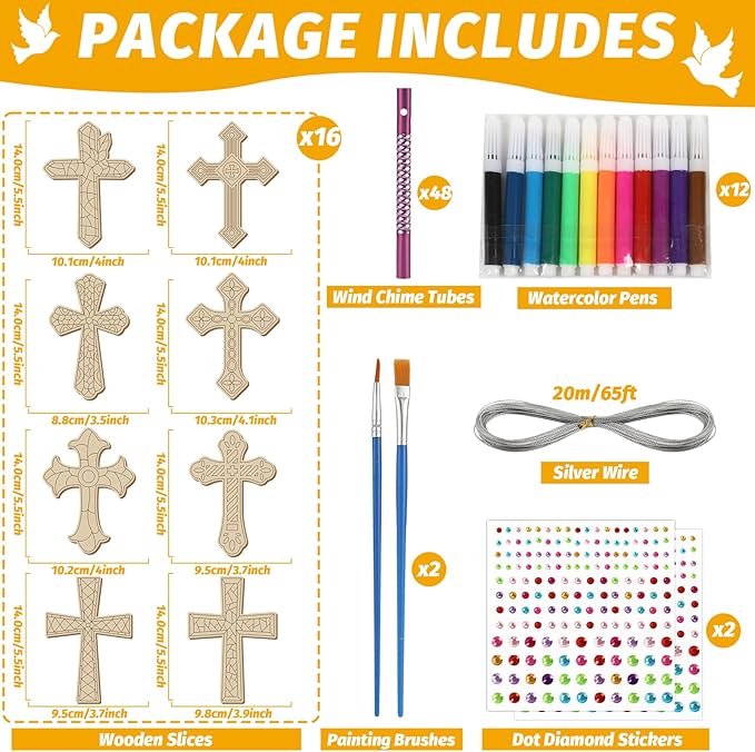 gisgfim 16 Pack Easter Cross Wind Chime Crafts Kits for Kids Make Your Own Sunday School Craft Religious Christian Crafts Wooden DIY Arts for Party School Classroom Decorations Supplies Birthday Favor