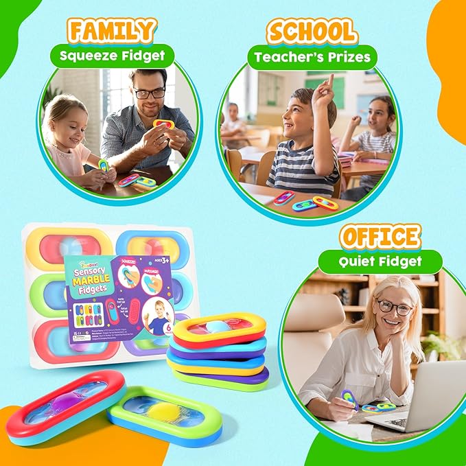 Sensory Marble Fidget Toys for Kids- 6 Pcs Quiet Fidget for Classroom, Gel Filled Autism Sensory Toys ADHD, Silent Stress Squishy Fidgets Worry Stones, Squeeze Travel Gifts for Kids Student Adults