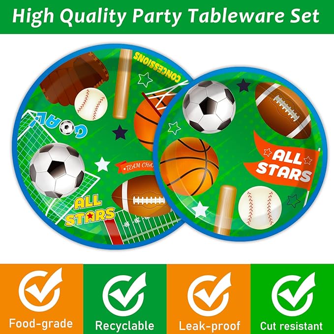 Sports Party Plates Napkins Superstar Party Tableware All Star Birthday Baseball Football Soccer Basketball Disposable Paper Plates Napkins for Boy Birthday Decoration Supplies Favors 24 Guests