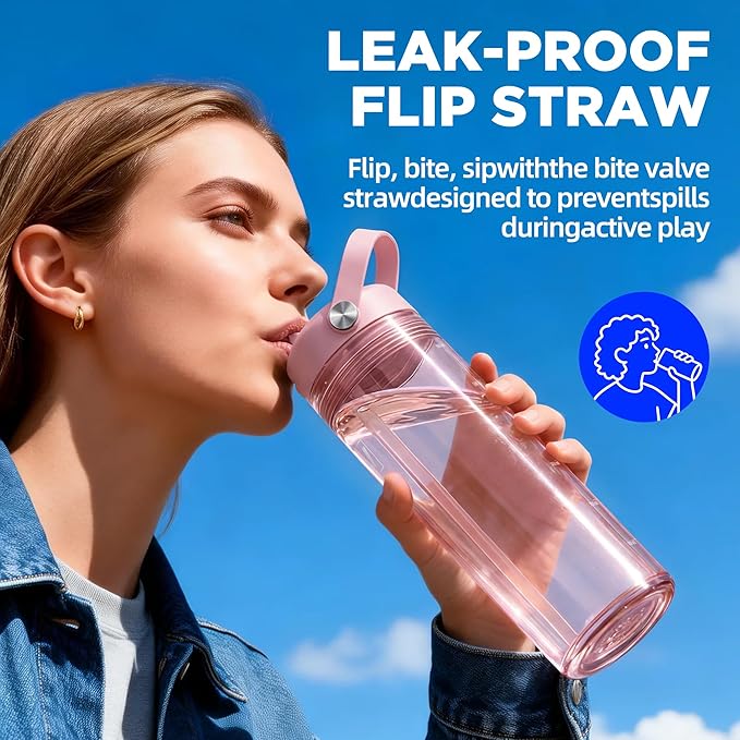 20oz Kids Water Bottle, BPA Free Thick Tritan Plastic Reusable, Clear Water Bottle with Straw, Leakproof Lid, Dishwasher Safe, Boy girl for School,Travel Pink