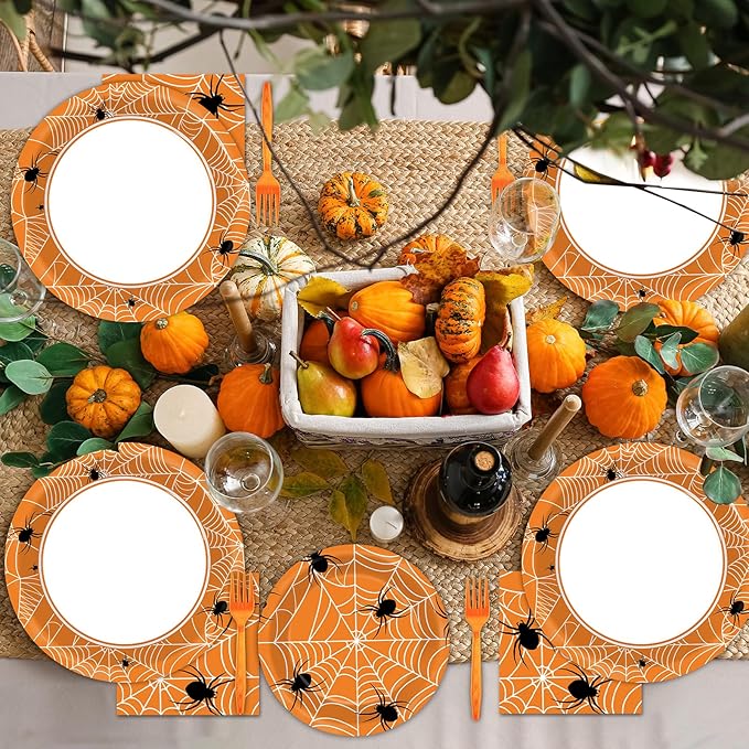 100 Pcs Spiderweb Party Plates and Napkins - Black and White Halloween Tableware Set for 25 Guests