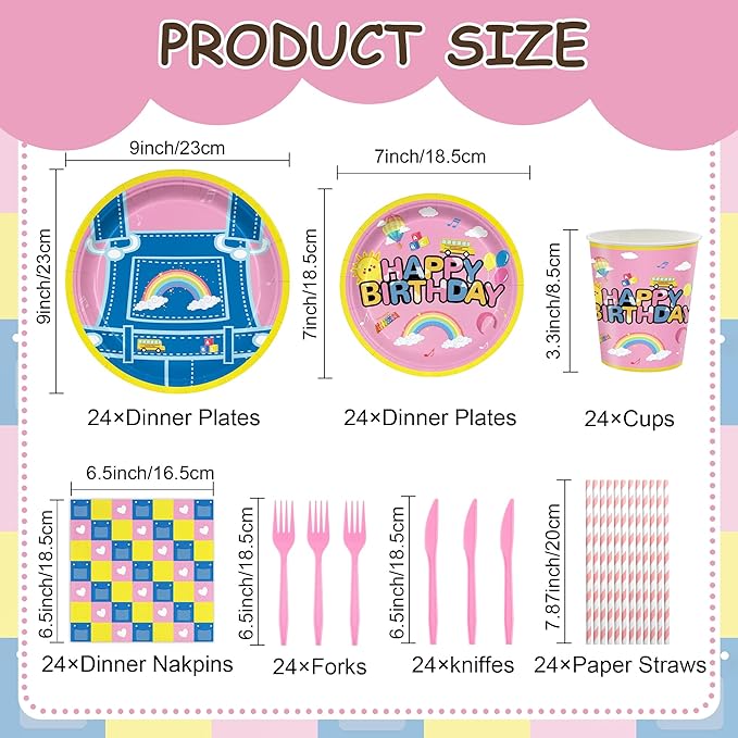 168PCS Cartoon Teacher Party Supplies for Girls Boys Kids Happy Birthday Party Decorations Dinnerware Set Paper Plates Napkin Cups Forks Knives Straw Tableware for 24 Guests