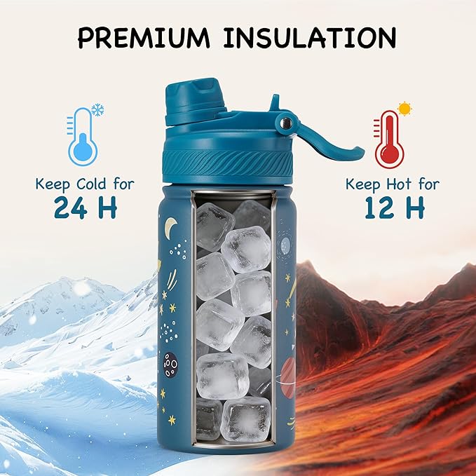 Fijinhom 12 oz Kids Water Bottle, 2-in-1 Stainless Steel Vacuum Insulated Water Bottle for Toddler, Leak Proof Spout & Straw, Double Wall Thermal Flask for Boys&Girls, School, Outdoor, Travel (Planet)