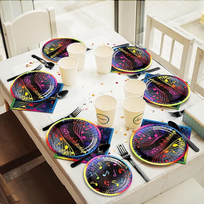 gisgfim 96 Pcs Music Party Plates and Napkins Party Supplies Musical Notes Party Tableware Set Music Note Karaoke Decorations Favors for Birthday Baby Shower for 24 Guests