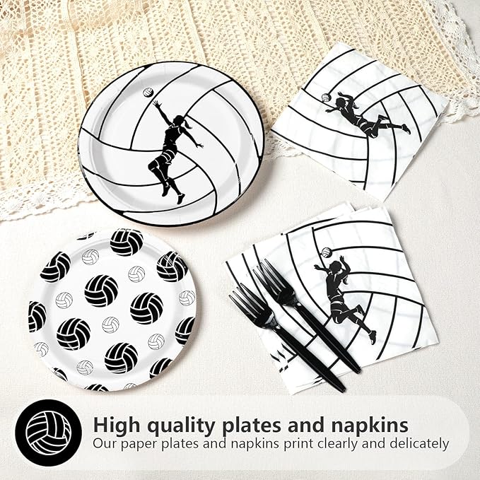 Grencian 96Pcs Volleyball Party Decorations Volleyball Paper Plates and Napkins Sports Theme Disposable Tableware for Girls Birthday Party Supplies Serves 24