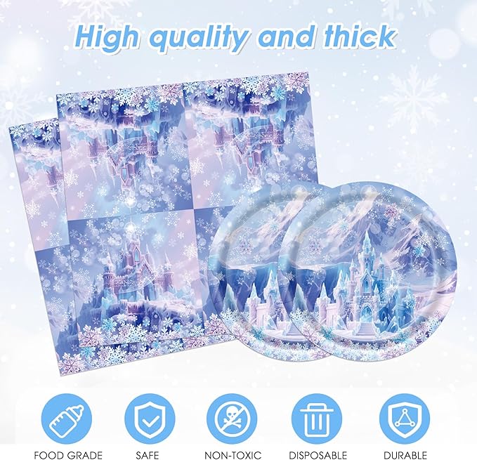 41Pcs Winter Wonderland Decorations Snowflake Castle Party Supplies Blue Purple Snowflake Plates Napkins Tablecloth, for Winter Birthday, Baby Shower, Princess Party Decor, Classroom Celebration