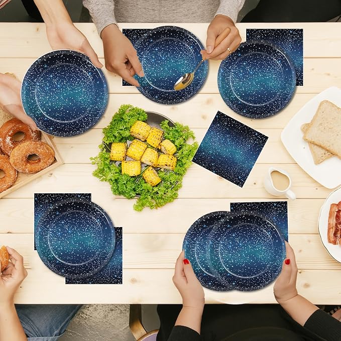 48Pcs Starry Night Starry Sky Galaxy Paper Plates and Napkins Solar System Party Decorations Ramadan Birthday Party Supplies Outer Space Disposable Tableware for Baby Shower Boys Girls Serves 24