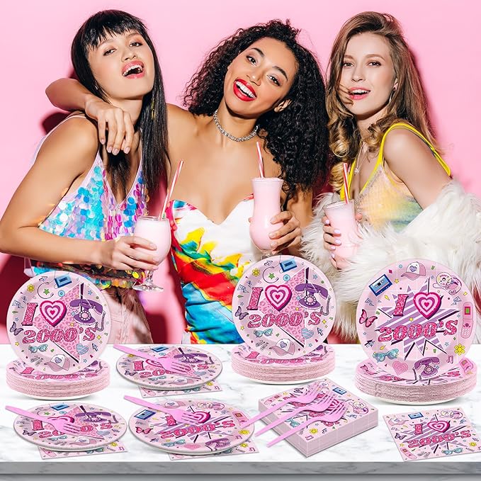 Qyeahkj 100Pcs 2000s Y2K Pink Decorations Party Supplies 90s Plates Napkins Disposable 1990s Tableware Dinnerware Birthday for 90's Kids Bachelorette Favor