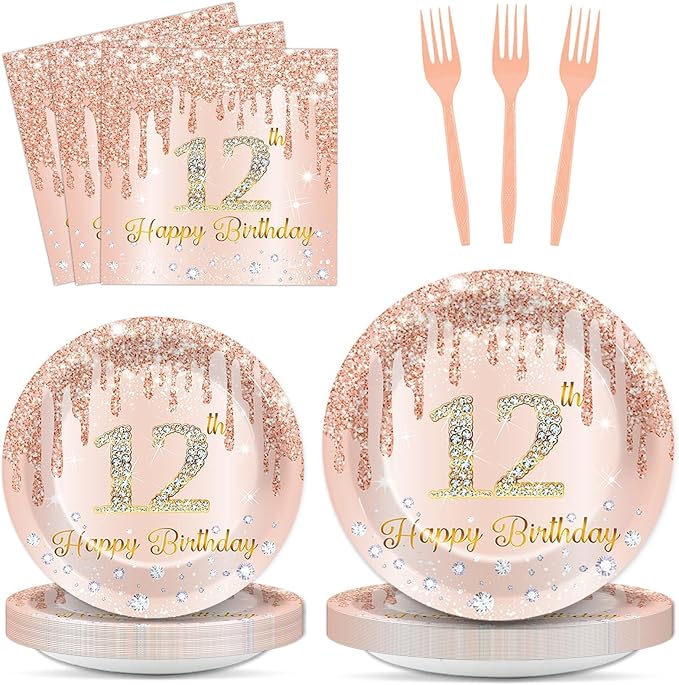 96 Pcs Rose Gold 12th Birthday Party Plates and Napkins for Girls Rose Gold Party Supplies Pink Happy 12 Years Birthday Party Tableware Set for 24 Guests Party Decorations