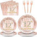 96 Pcs Rose Gold 12th Birthday Party Plates and Napkins for Girls Rose Gold Party Supplies Pink Happy 12 Years Birthday Party Tableware Set for 24 Guests Party Decorations