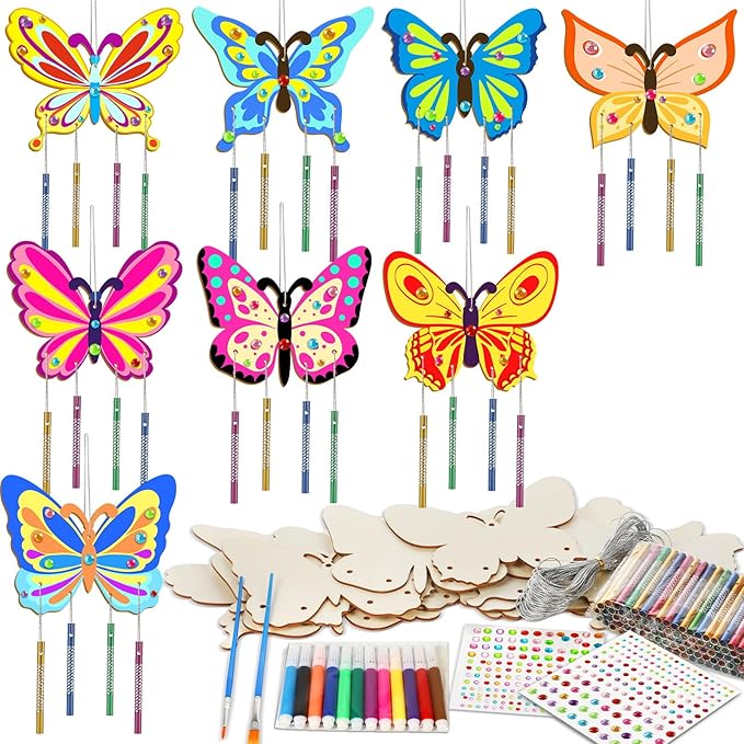 16 Pack Butterfly Wind Chime Kits Butterfly Crafts for Kids Make Your Own Butterflies Wind Chime Wooden DIY Arts and Crafts for Spring Summer Party School Classroom Decorations Supplies Birthday Favor