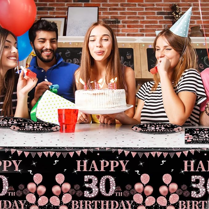 62Pcs 30th Birthday Decorations for Girls Her, Rose Gold Birthday Party Supplies Include 20 7''Plates 20 9'' Plates 20 Napkins and 2 Tablecloth, Rose Gold Princess Party Tableware for 20 Guests