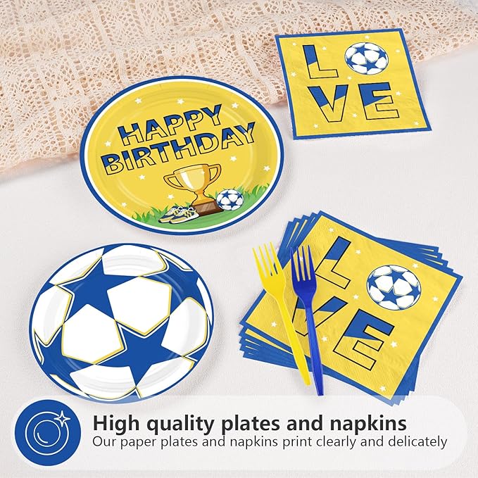 96Pcs Soccer Birthday Party Supplies Blue Yellow Football Plates and Napkins Blue Gold Soccer Star Champion Tableware Set for Football Fan Birthday Baby Shower Sport Party Supplies Serves 24