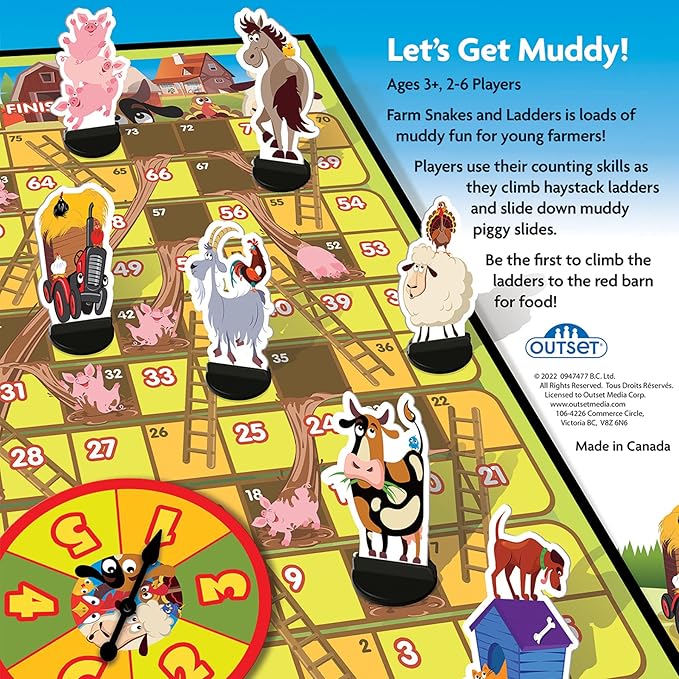 Outset Media Farm: Snakes and Ladders - No Reading Required, Preschool & Kids Board Game, Builds Children's Social & Developmental Skillls, Outset Media, Ages 3+, 2-6 Players