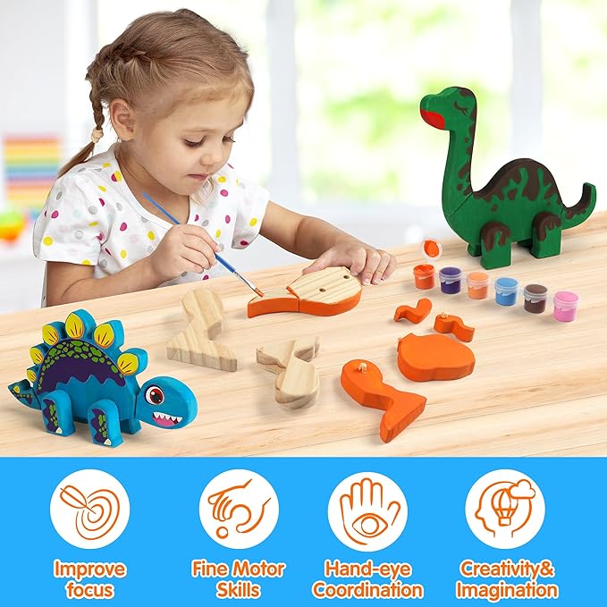 Mocoosy Wooden Dinosaur Painting Art and Craft Kit for Kids 3-5, Build & Decorate Your Own Dinos with Paint & Stickers, Wood Dinosaur Builder Game Montessoi Educational Toy Gift Toddler Boys Girls 4-8