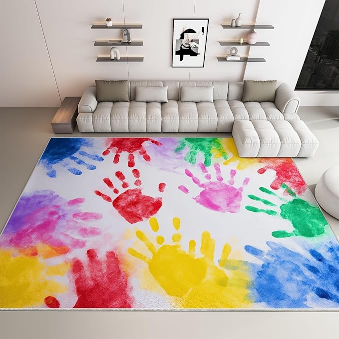 Abstract Handprint Pattern Washable Kids Area Rug 8×11ft Colorful Ultra Soft Non-Slip Rug for Living Room Bedroom Nursery Kids Girls Boys Teen Dorm