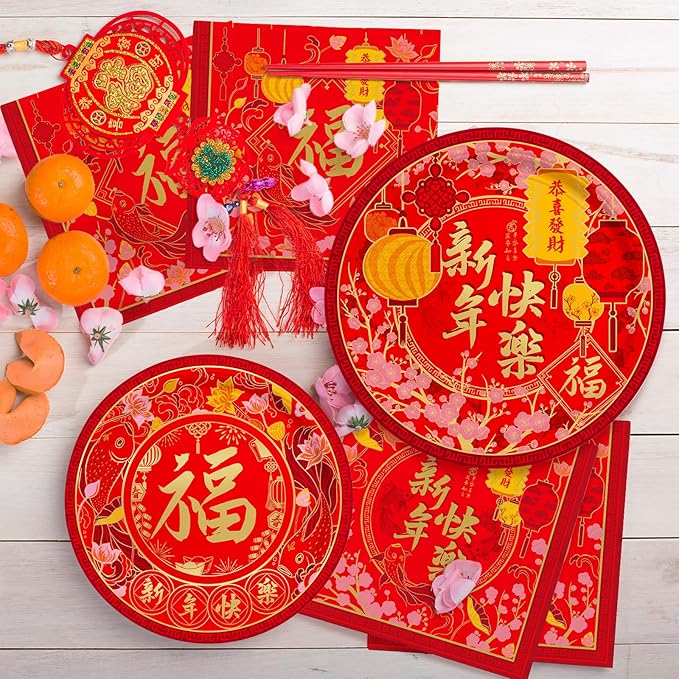 Chinese New Year Party Supplies Kit : Happy New Year Design Decorations Set with Disposable Plates, Napkins, Cups, Tablecloth, and Festive Banner - for Lunar New Year Celebrations Serves 25.