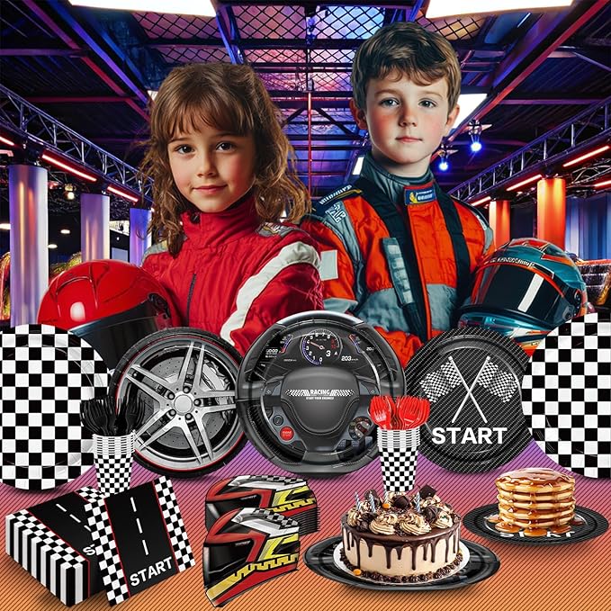 144pcs Race Car Plates Napkins Party Supplies Racing Themed Paper Cups Race Car Birthday Party Decorations Racing Tableware Set for kids Boys Birthday Decor Serves 24