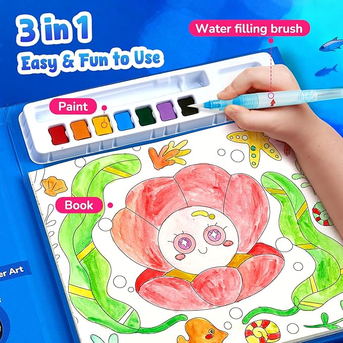 JoyCat Paint with Water Coloring Books, Art & Craft Activity, No Mess Art for Kids Ages 4-8, Craft Kits & Supplies, DIY Creative Activity, Gifts for Girls & Boys (Sea Animals)