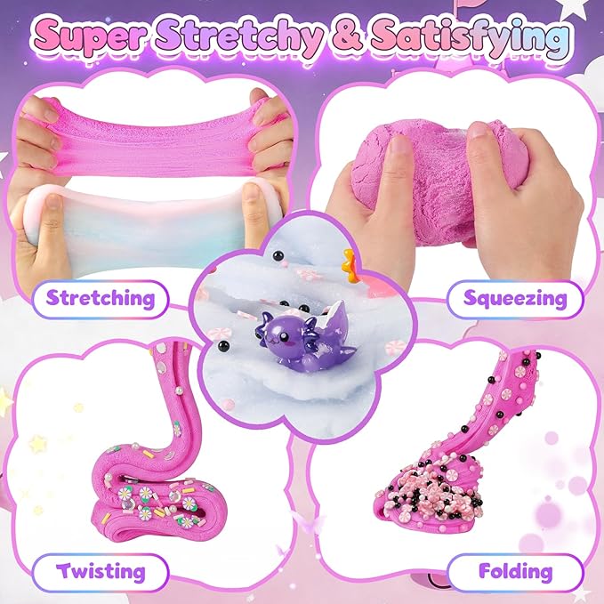 2 Pack Axolotl Cloud Slime Kit for Girls Boys - Scented Fluffy Cloud Slime with Cute Axolotl Charms - Non-Sticky Sensory Fidget Toys for Stress Relief & ASMR - DIY Slime Gift for Kids